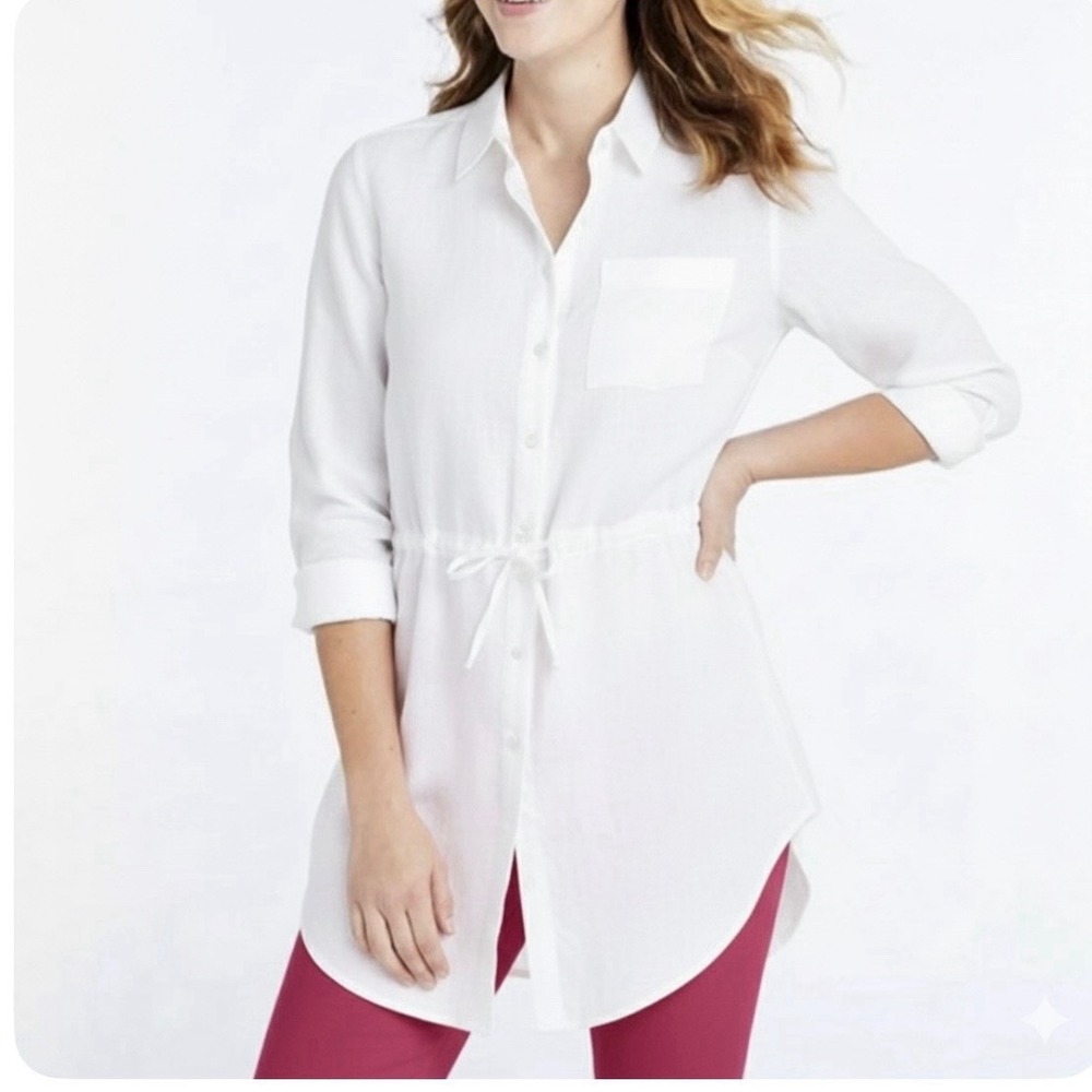 LL. Bean White Premium Washable‎ Linen Drawstring Button Tunic SMALL